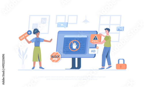 Ad Blocking. No advertising, anti spam protection, without ads concept. Website Adblock software, skip button. Cartoon modern flat vector illustration for banner, website design, landing page. © vectorhot