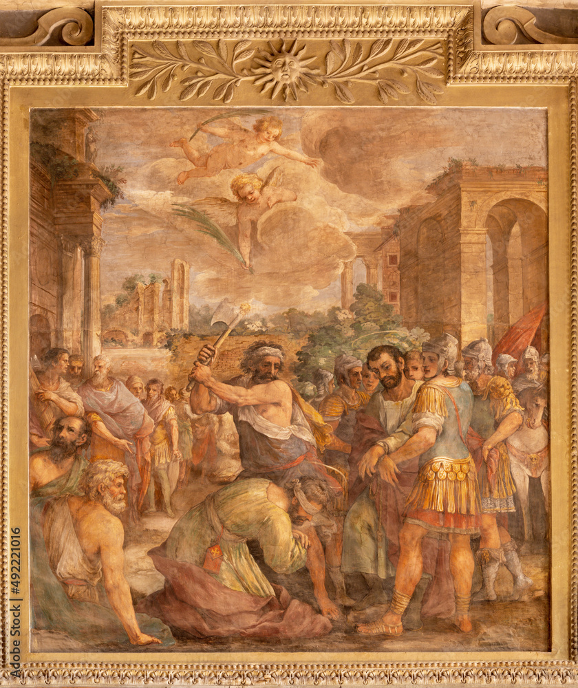 ROME, ITALY - AUGUST 30, 2021: The fresco of martyrdom of St. Cosmas and Damian in the church Basilica dei Sancti Cosma e Damiano by Francesco Allegrini (1587 – 1663).
