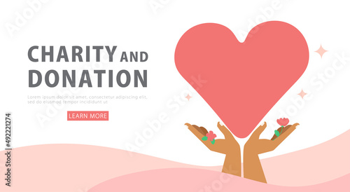 Charity and Donation. Humanitarian assistance concept. Volunteer hands holding big heart to supporting and giving help, vector illustration