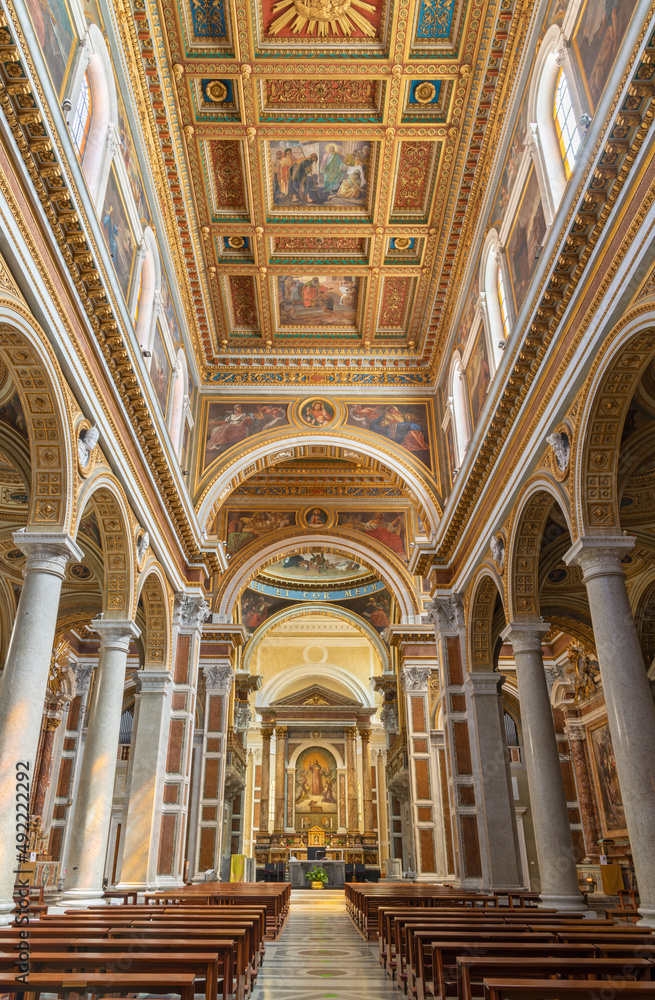 ROME, ITALY - AUGUST 31, 2021: The nave of church Chiesa del Sacro Cuore di Gesu.