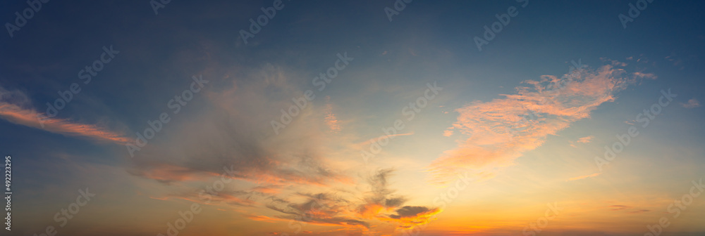 Panorama blue sky and clouds with sunset natural background.