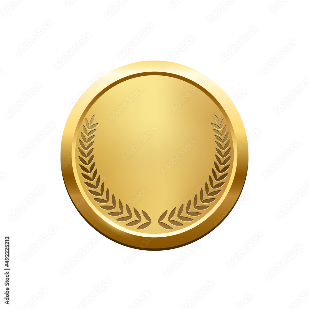 Gold medal with laurel wreath vector illustration. 3d realistic trophy badge of circle design, greeting anniversary or jubilee medallion, achievement champion isolated on white background. Gold medal with laurel wreath vector illustration. 3d realistic trophy badge of circle design, greeting anniversary or jubilee medallion, achievement champion isolated on white background.