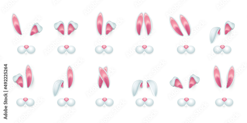 Ears of spring bunny and cute muzzle, 3d funny Easter rabbits mask for mobile app set