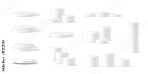 Display podium scene with geometric platform set, 3d realistic soft white cylinder stages