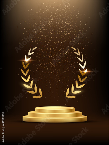 Golden podium with laurel glowing. Gold stage with glitter and light fog on dark background. Hollywood fame in film and cinema or championship in sport vector illustration