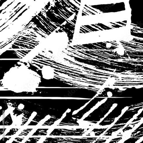 Black and white grunge. Abstract chalk strokes on a blackboard. Vector monochrome graphics. Pattern of dust, chips, destruction, dirt. Chaotic horror background