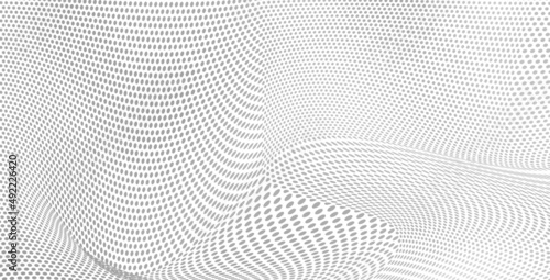 The halftone texture is chaotic monochrome. Abstract black and white waves background of dots. Backdrop for the design of websites, business cards, posters