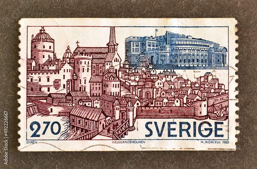  Cancelled postage stamp printed by Sweden, that shows Helgeandsholmen, circa 1983. photo