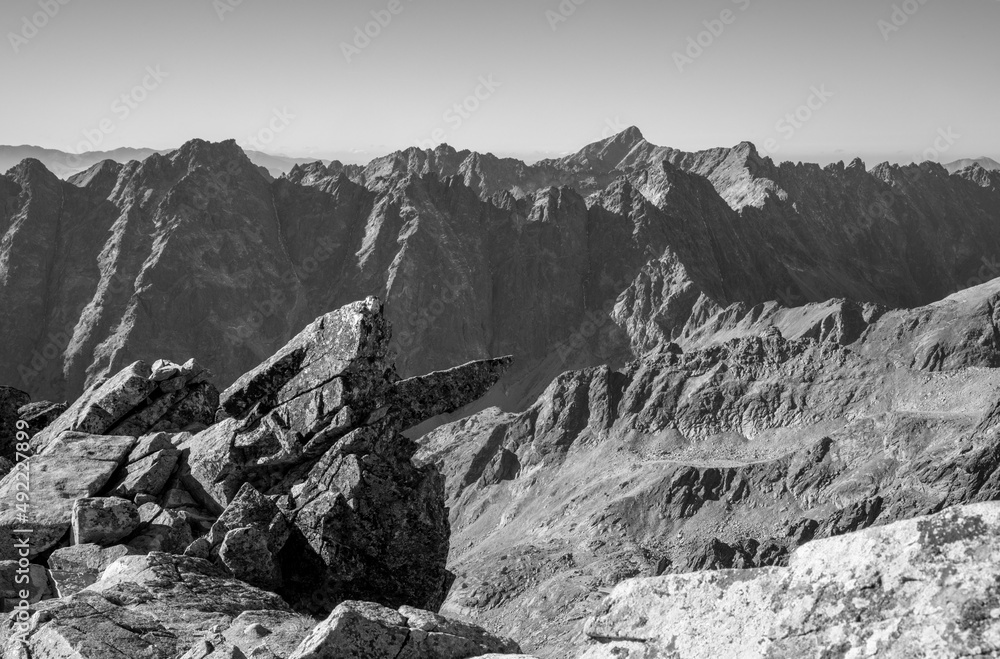 High Tatras - Slovakia - The panorama of with the Satan and Krivan peaks in the background from Rysy peak.