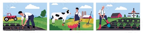 Farmer background. Countryside with agricultural workers, fields and animals. Gardeners picking harvest and digging ground. Man feeding cow. Rural landscape. Vector illustrations set