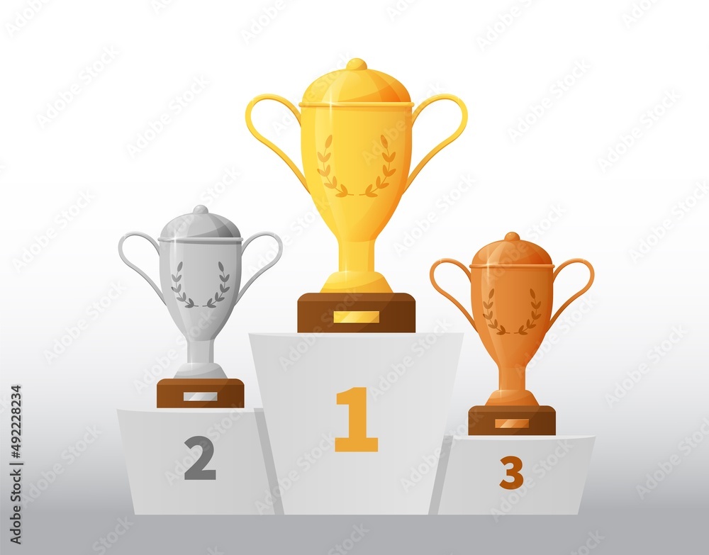 Cartoon winner podium. Game award with 1st 2nd 3rd places. Championship  pedestal. Competition or tournament rewards. Gold, silver and bronze  goblets. Victory trophies. Vector illustration Stock Vector | Adobe Stock