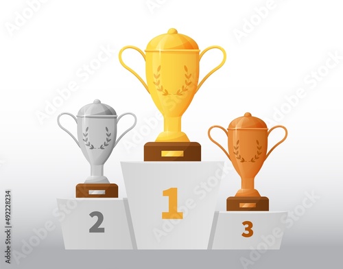 Cartoon winner podium. Game award with 1st 2nd 3rd places. Championship pedestal. Competition or tournament rewards. Gold, silver and bronze goblets. Victory trophies. Vector illustration