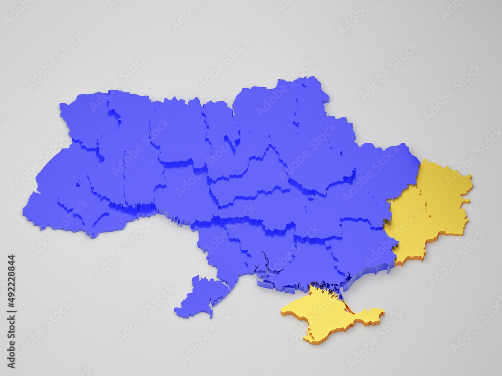 Ukraine map 3D render. Blue and yellow colors marked regions of Donbass, Donetsk, Luhansk and Crimea