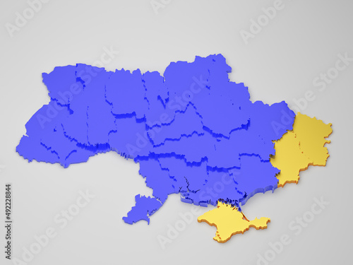 Ukraine map 3D render. Blue and yellow colors marked regions of Donbass, Donetsk, Luhansk and Crimea photo