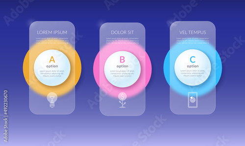 Infographic options banner with glass effect. Template with 3 options, steps, parts with place for text and icons. Vector background
