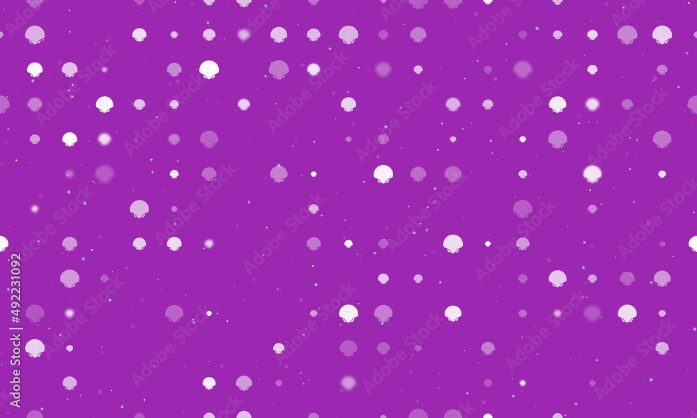 Seamless background pattern of evenly spaced white sea shell symbols of different sizes and opacity. Vector illustration on purple background with stars