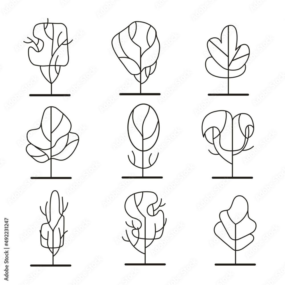 Simple trees line-art set. Entourage design. Collection of design elements.