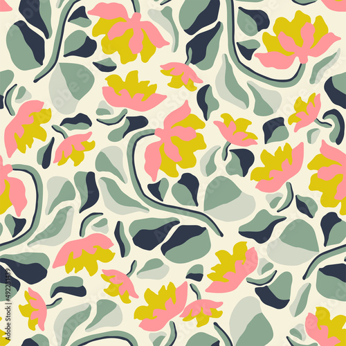 Vector retro color flower illustration motif seamless repeat pattern fashion and home kitchen print fabric digital artwork