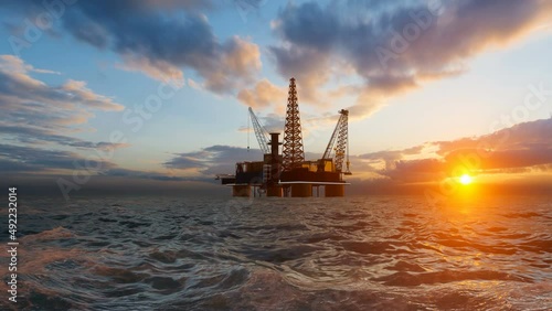 Animation of an offshore oil platform. Fly-through shot amazing sunset photo