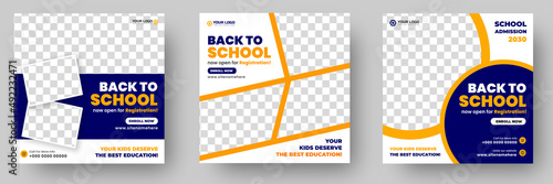 School admission social media post banner design. back to school social media post banner design set. Back to school admission promotion banner. school admission template for social media ad.