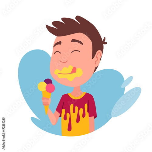 Kid having breakfast or lunch meal. Boy eating ice cream. Children enjoy dishes. Eating habits nutrition