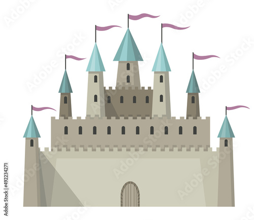 Medieval kingdom castle or royal fortress. Fairy-tale buildind of middle ages historic period. Vector building exterior design