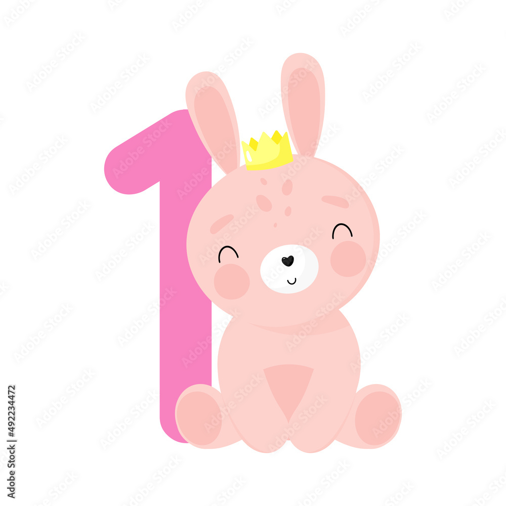Birthday Party, Greeting Card, Party Invitation. Kids illustration with Cute Rabbit and an inscription one. Vector illustration in cartoon style. Birthday Party, Greeting Card, Party Invitation. Kids illustration with Cute Rabbit and an inscription one. Vector illustration in cartoon style.