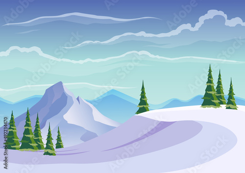 Landscape of ski resort. Blue mountains winter snowy landscape with snows and pine forest on foreground. Mountain peaks and traveling background