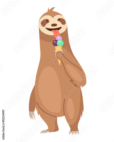 Sloth character eating icecream. Cute cartoon sloth-bear character. Funny lazy animal, hand drawn clip art illustration. Jungle rainforest sloth. Tropical mammal or adorable sloth
