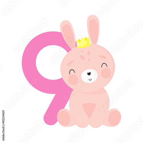Birthday Party, Greeting Card, Party Invitation. Kids illustration with Cute Rabbit and an inscription nine. Vector illustration in cartoon style.