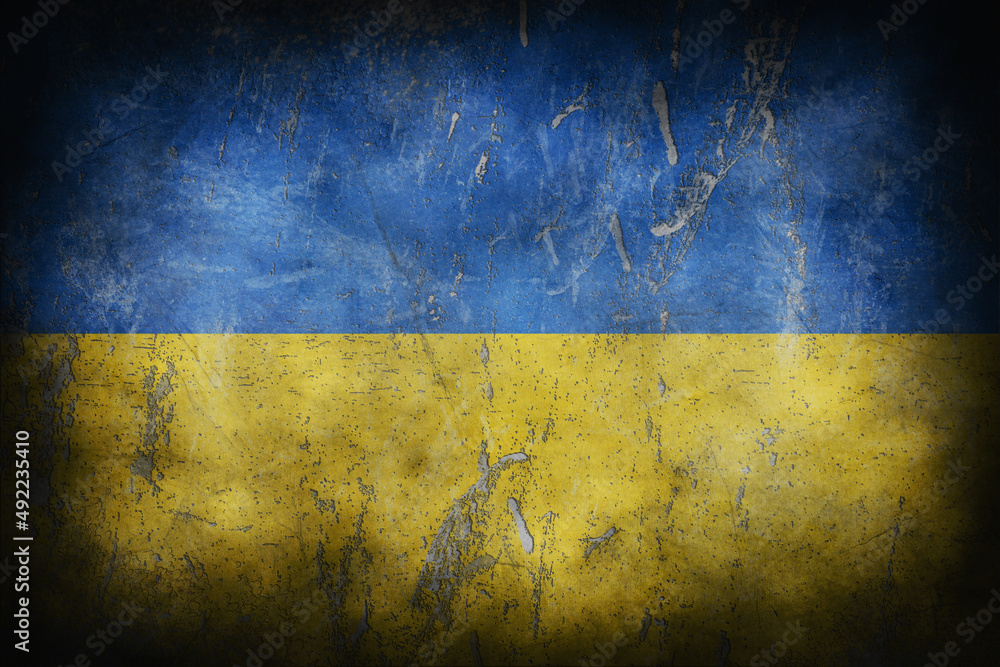 Flag of Ukraine. Stop war. Restricted are, war zone. Grunge look with cracks and scratches illustration