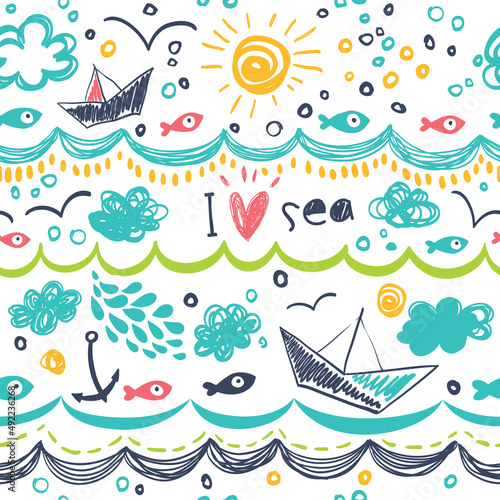 Seamless summer background with yachts, seagulls, sea, fish and sun.