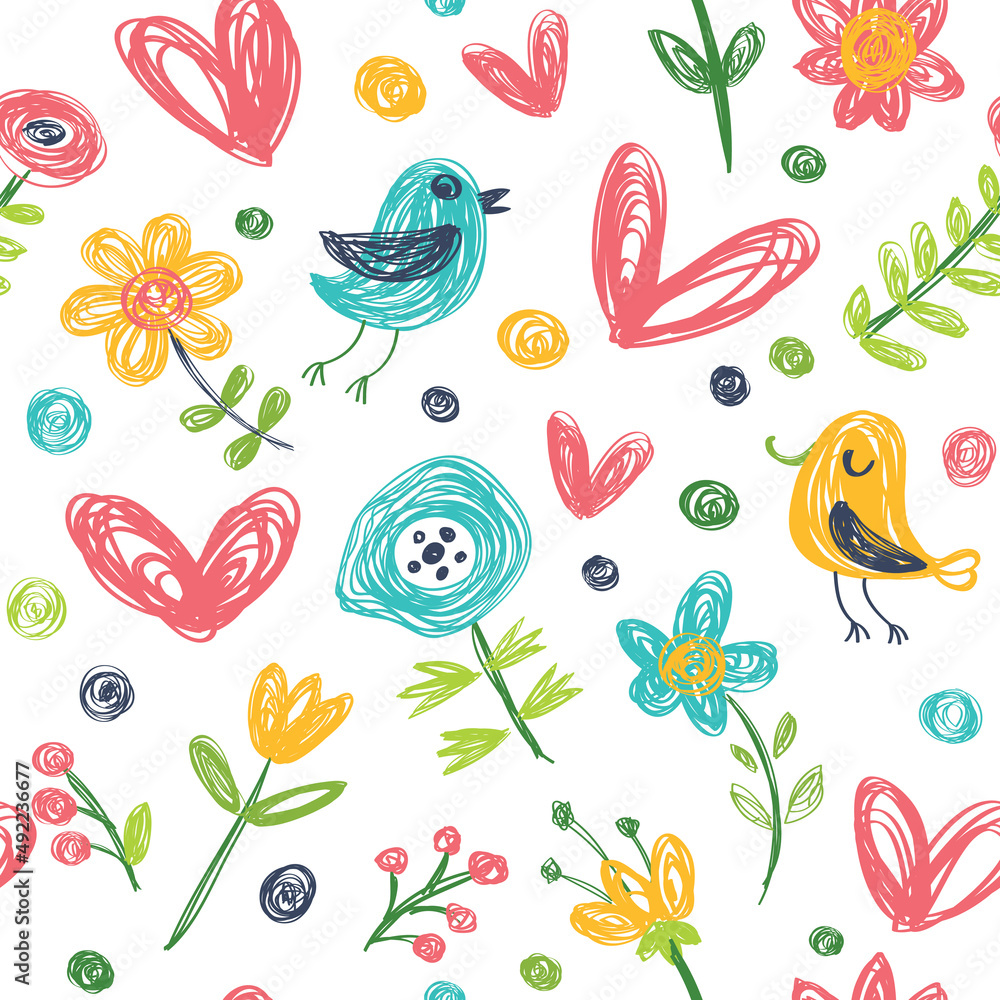 Seamless pattern with cute birds and flowers. Perfect for wallpaper, wrapping paper, seasonal greeting cards, summer invitations, fabric.