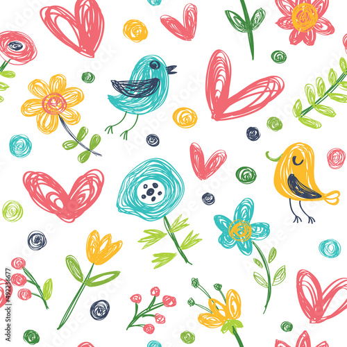Seamless pattern with cute birds and flowers. Perfect for wallpaper, wrapping paper, seasonal greeting cards, summer invitations, fabric. © Elena Melnikova