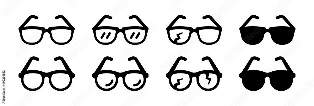 Glasses icon collection. Containing Sunglasses, eyeglasses and broken glasses icon. - obrazy, fototapety, plakaty 