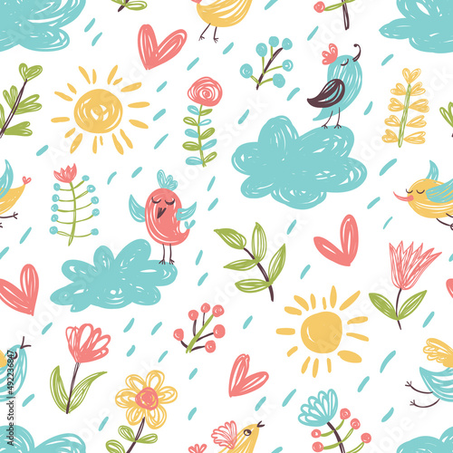 Seamless pattern with birds, clouds, hearts and flowers. Perfect for wallpaper, wrapping paper, seasonal greeting cards, summer invitations, fabric