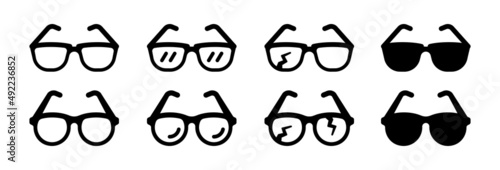 Glasses icon collection. Containing Sunglasses, eyeglasses and broken glasses icon. photo