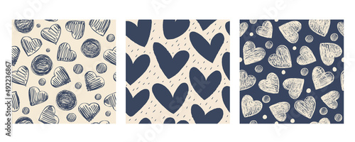 Set of seamless patterns with hearts. Monochrome. Vector backgrounds with hearts. Great for fabric, baby, Valentine's Day, scrapbook, surface textures.	