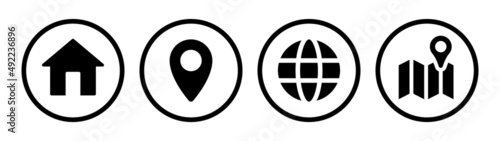 Location address icon set. Containing home, map pin, website and gps icon.