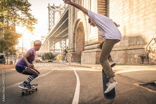 Skaters training in a skate park in New York