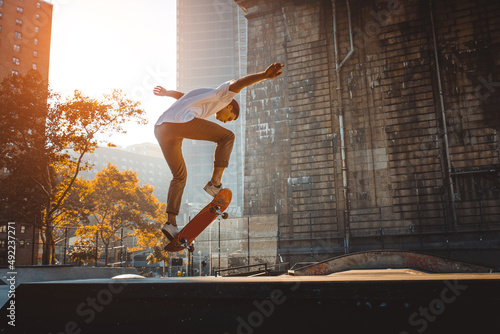 Skater training in a skate park in New York