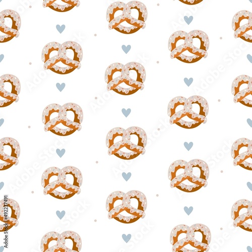 Seamless vector pattern with cute hand drawn chocolate covered pretzels. Fun design. Baking theme background for wrapping paper, card, gift, fabric, textile, packaging, wallpaper, print, apparel.