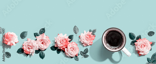 Photography Coffee with pink roses overhead view - flat lay