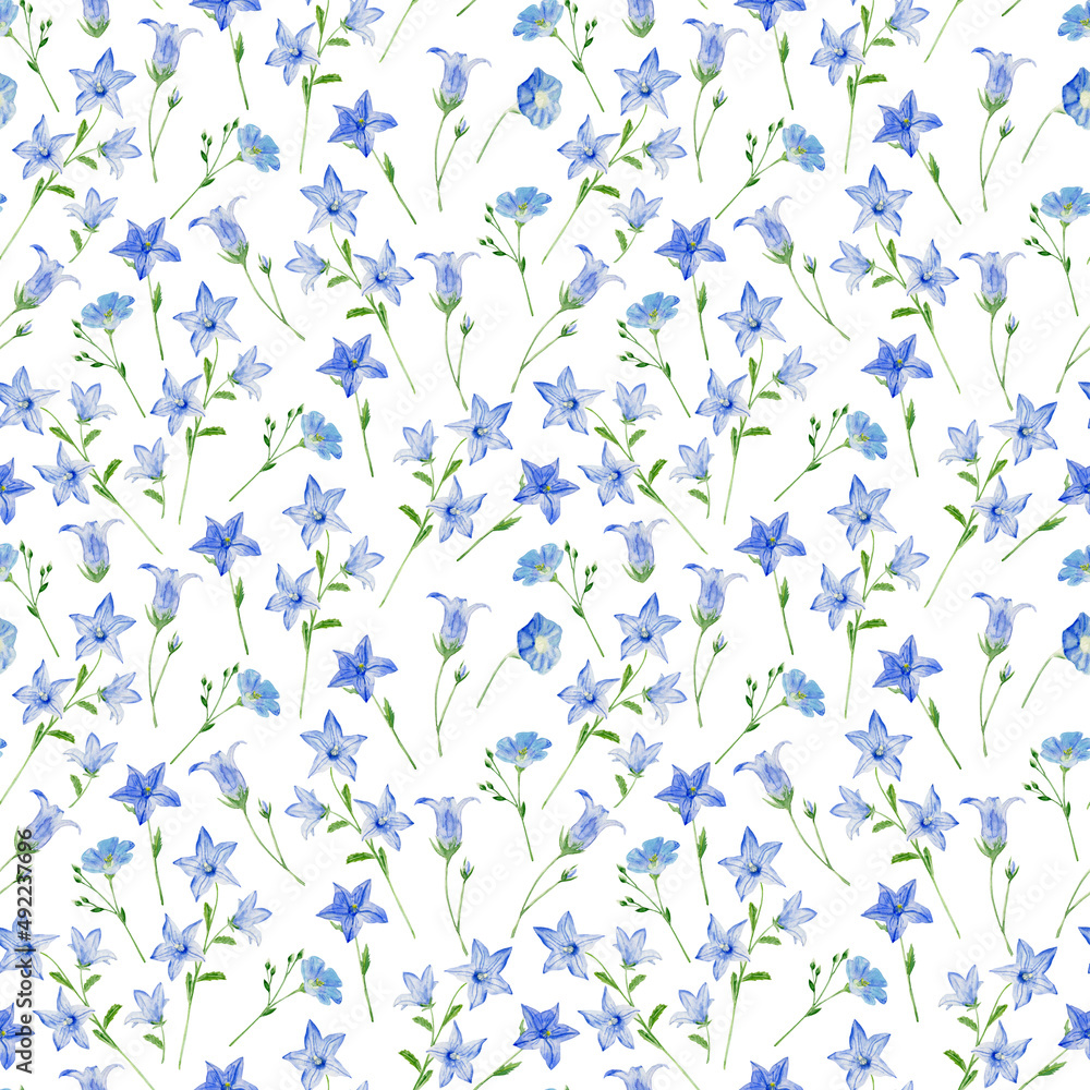 Watercolor seamless pattern with bluebells on white background 