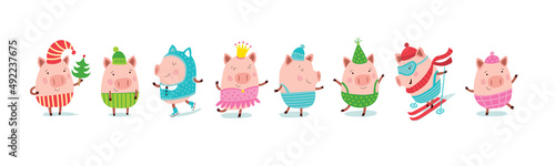Set of cheerful and cute piglets for decoration of holiday prints. 