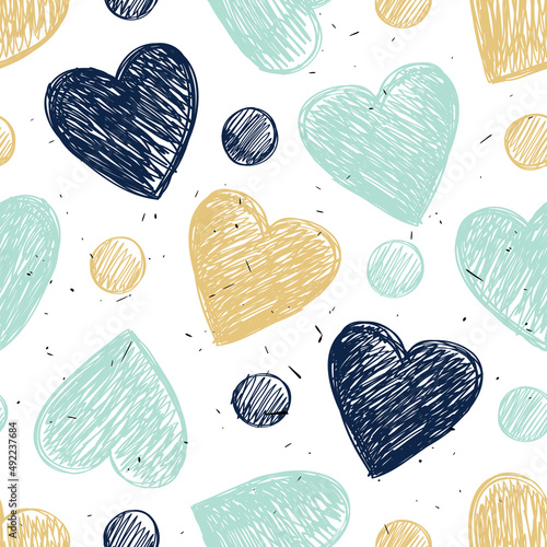 Seamless background with hearts in gold, black and mint colors.