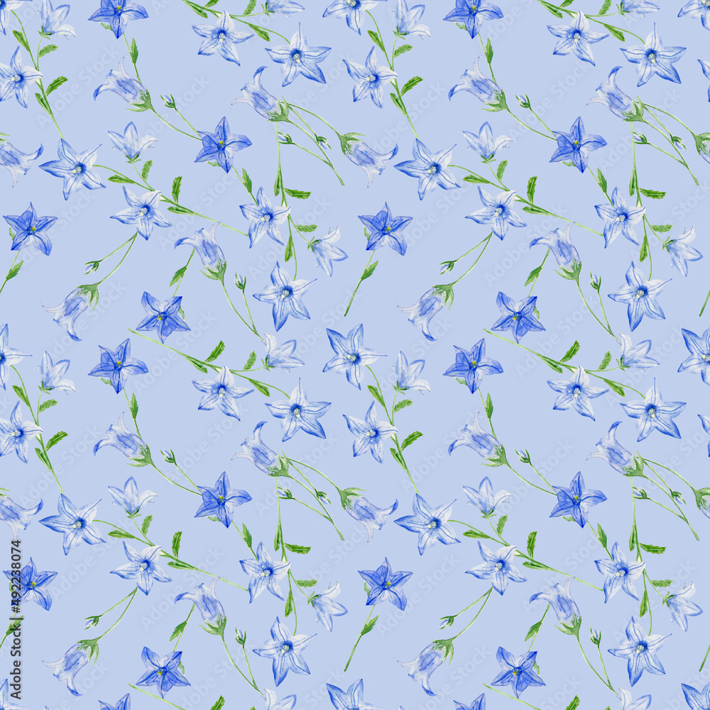 Watercolor seamless pattern with bluebells on blue background Watercolor seamless pattern with bluebells on blue background