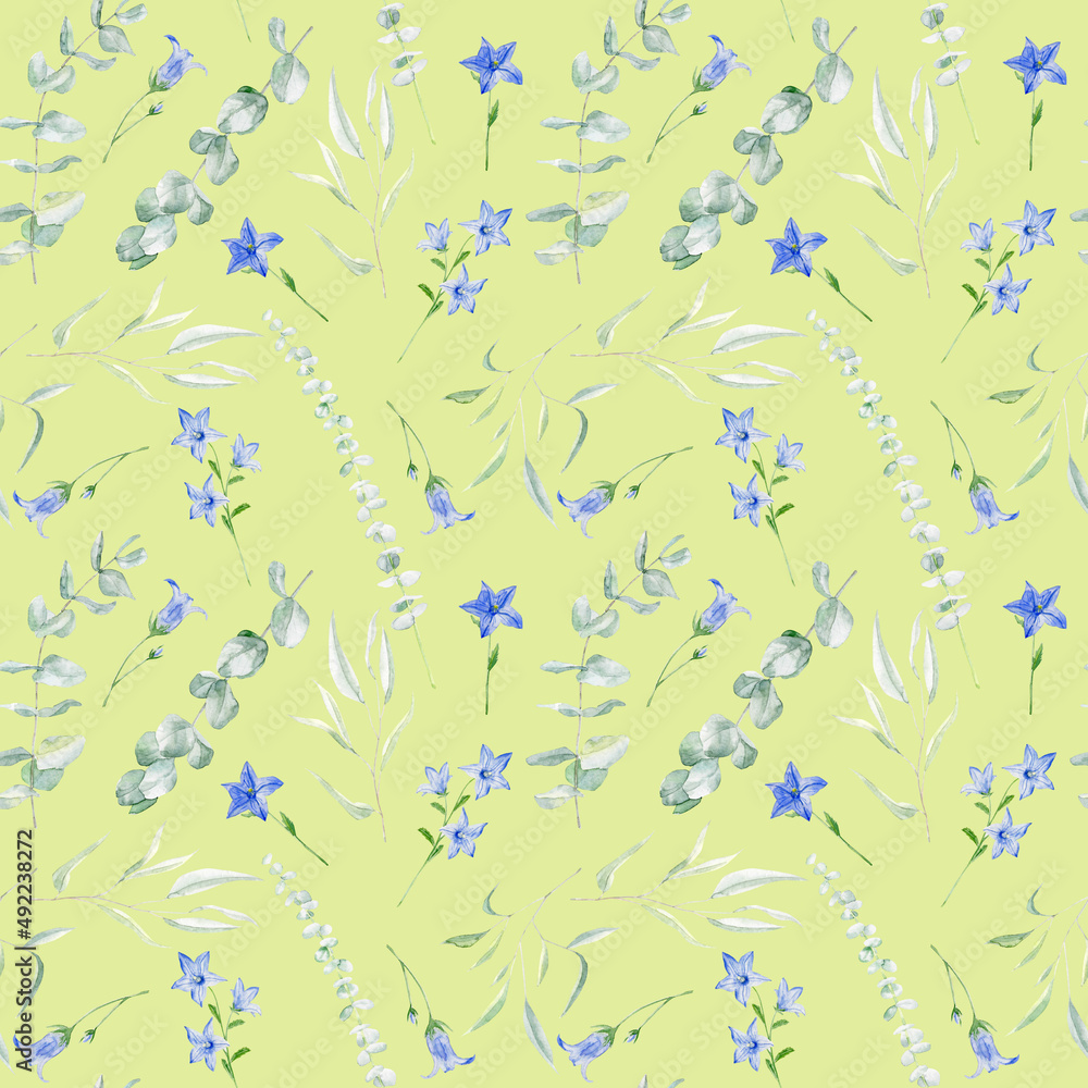 Watercolor seamless pattern with bluebell flower and eucalyptus on green background 