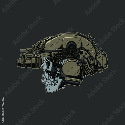 skull soldier and nvg on helmet in the gray dark beground