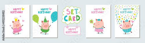 Four Happy Birthday cards with cute piglets.